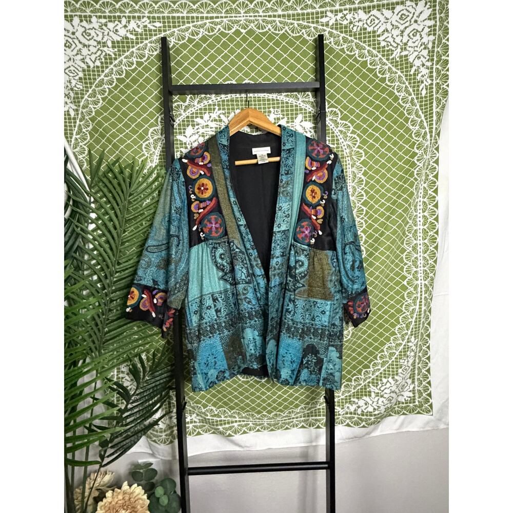 Soft Surroundings Silk & Rayon Embroidered Patchwork‎ Kimono Jacket - Size S